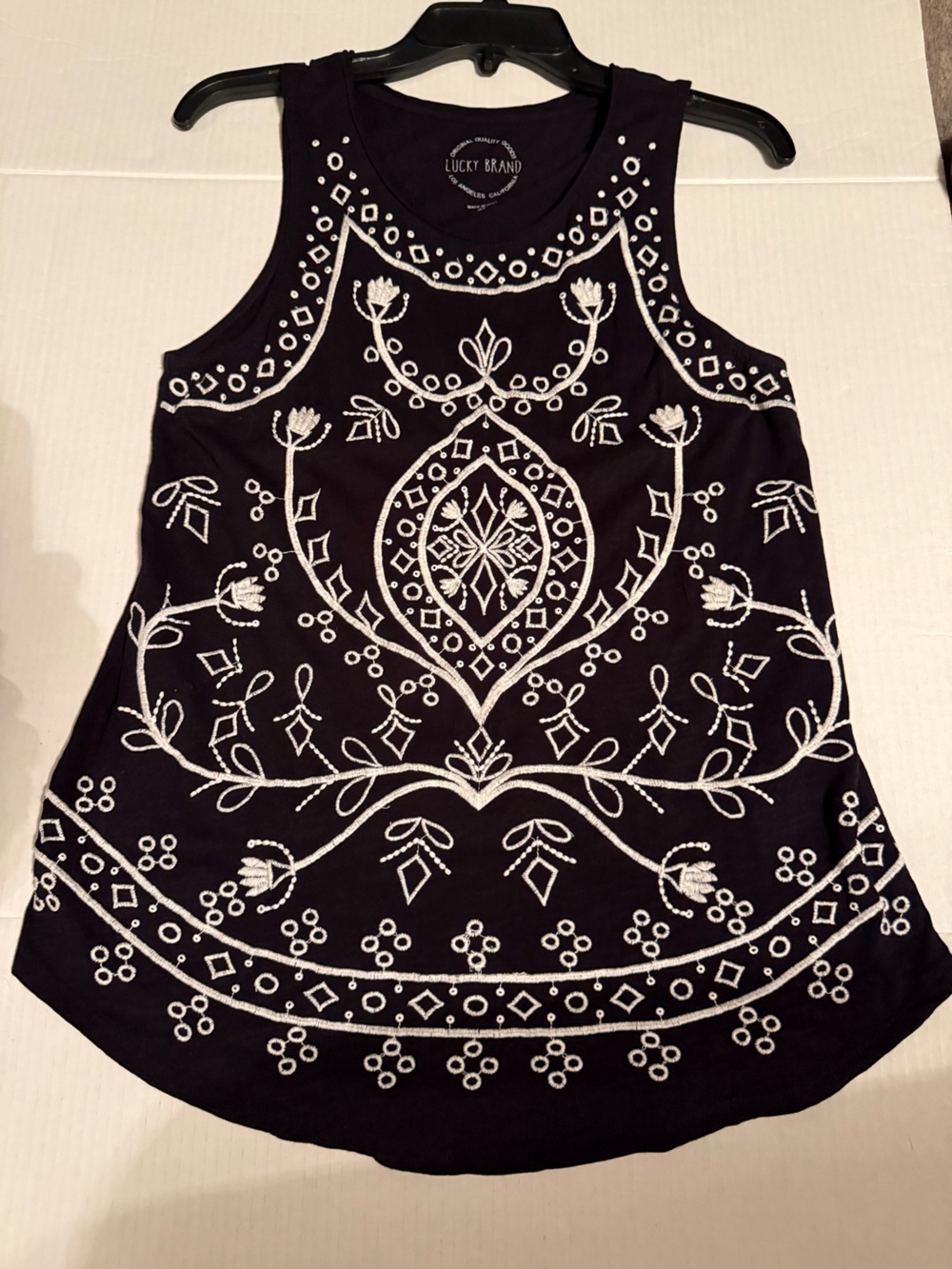 Lucky Brand Black Tank with White Embroidered Design size medium